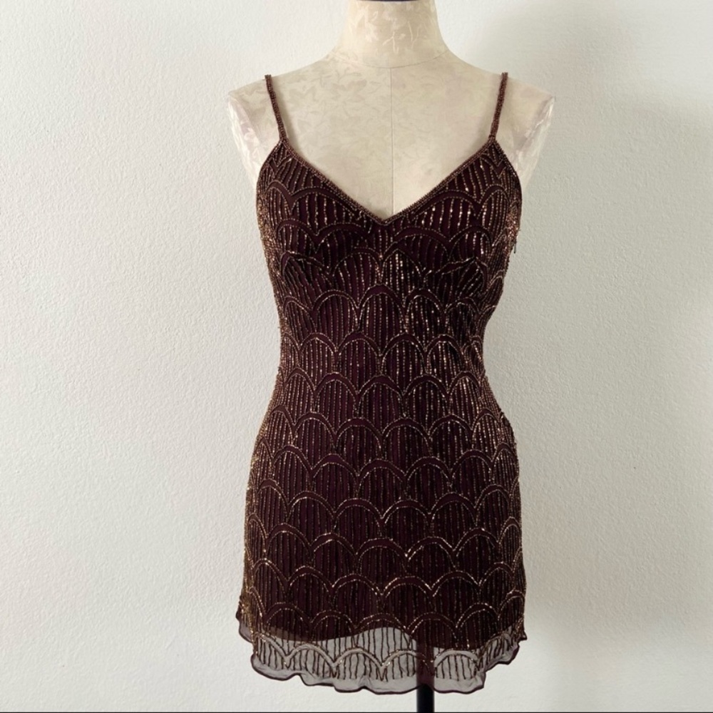 Vintage 90’s beaded gold bronze super mini dress sparkly medium valentines